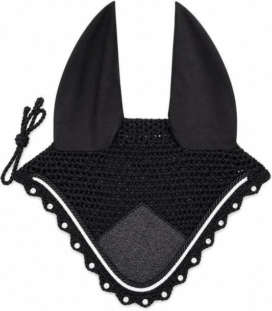 Horse Ear Bonnet for Horses – Handmade Crochet Fly Veil with Crystal Stones, Glitter Patch, Breathable Stretch Ears, Hor
