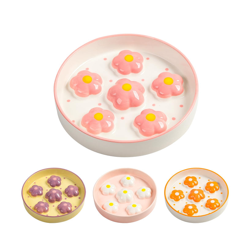 Ceramic Cat Slow Feeder Bowl - 6 OZ Puzzle Food Dish for Healthy Eating - Shallow Wide Whisker Friendly - Dishwasher Safe - 6.3 x 1.2 Inch - Blush Pink Flower