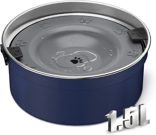 Dog Water Bowl No Spill, 1.5L/50oz Stainless Steel Slow Water Bowl for Dogs, Spill Proof Dog Bowl with Anti-Splash & Non