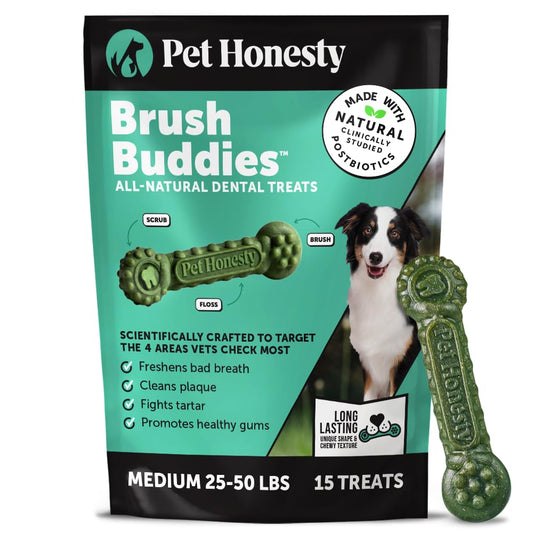 Pet Honesty Brush Buddies All Natural Dog Dental Treats for Dogs – Long Lasting Dental Sticks for Dogs, Teeth Cleaner, Breath Freshener, Plaque & Tartar Remover – Medium Sized Dogs (15 Count)
