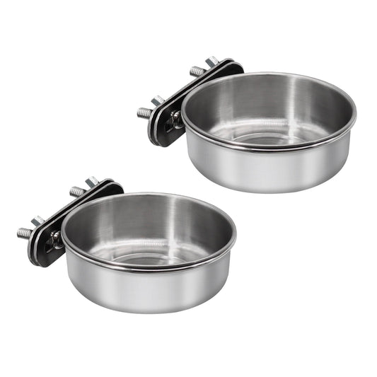 DVHEY 2 Pcs Small Bird Feeding Dish Cups,Parrot Food Bowl Cage with Clamp Holder Stainless Steel,Birdcage Coop Water Feeder for Cockatiel Parakeet Macaw Finches Lovebirds Small Animals (2 Pack, Small)