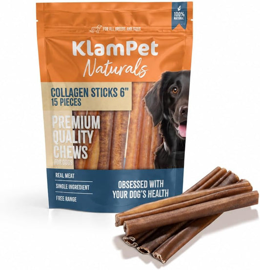 KLAMPET NATURALS Collagen Sticks for Dogs – 6 Inch (15 Pack) Natural Single-Ingredient Beef Chews – Long-Lasting & Fully Digestible – Supports Dental & Joint Health