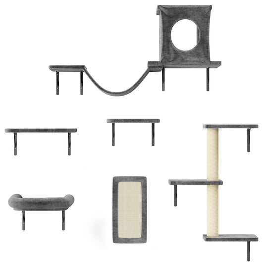 NUNU LAB Cat Wall Shelves, 6 Pcs Luxury Wall-Mounted Cat Climber Set, Indoor Cat Furniture with 1 Condos House, 2 Cat Wall Shelves, 1 Scratching, 1 Bridge Ladder, 1 Scratching Pad, Dark Gray