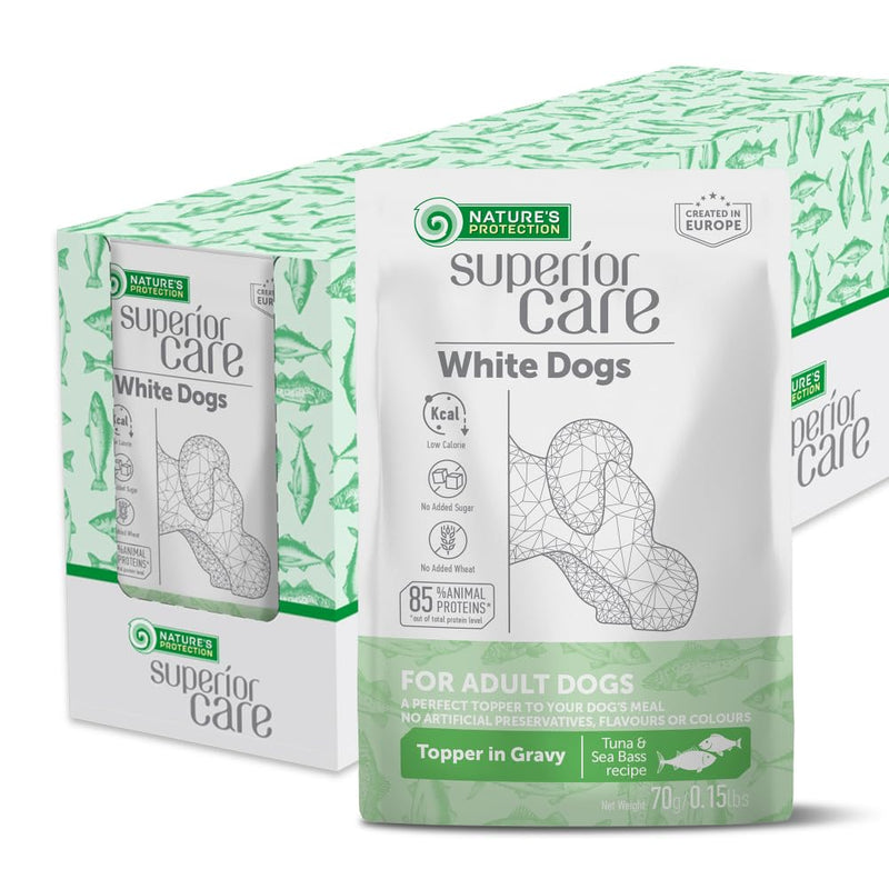 Nature's Protection Wet Dog Food - Soft Topper for Dry Food for Small & Large Breed Dogs with Light Fur, 24-Pack (Superior Care - Tuna & Sea Bass, 2.46-oz Pouches)