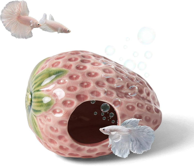 Pink Aquarium Decor Ceramic Cute Strawberry Betta Fish Tank Cave