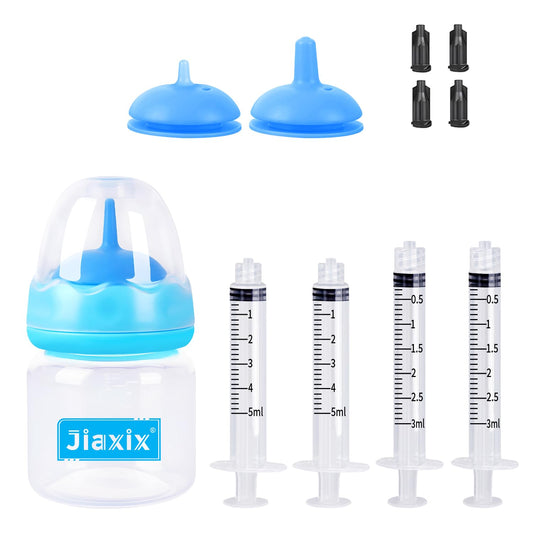 Jiaxix Pet Bottle Feeding Kit, Puppy & Kitten Nursing Supplies, Blue, 60ml Bottle with Anti-Choking Silicone Nipples & Syringes, Newborn Flow, Dishwasher Safe