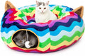 LUCKITTY Large Cat Tunnel Bed Under Christmas Tree with Fluffy Toy Balls, Small Cushion and Flexible Design- 10 inch Diameter, 3 ft Length- Great for Cats, and Small Dogs, Rainbow Wave Color