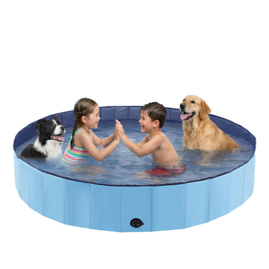 Eooqi Foldable Dog Pool for Large Dogs & Kids, 71" Hard-Side Collapsible Kiddie Pool, Heavy Duty Leakproof PVC Pet Swimming Pool with Non-Slip Bottom & Drain, Indoor Outdoor Use, Blue