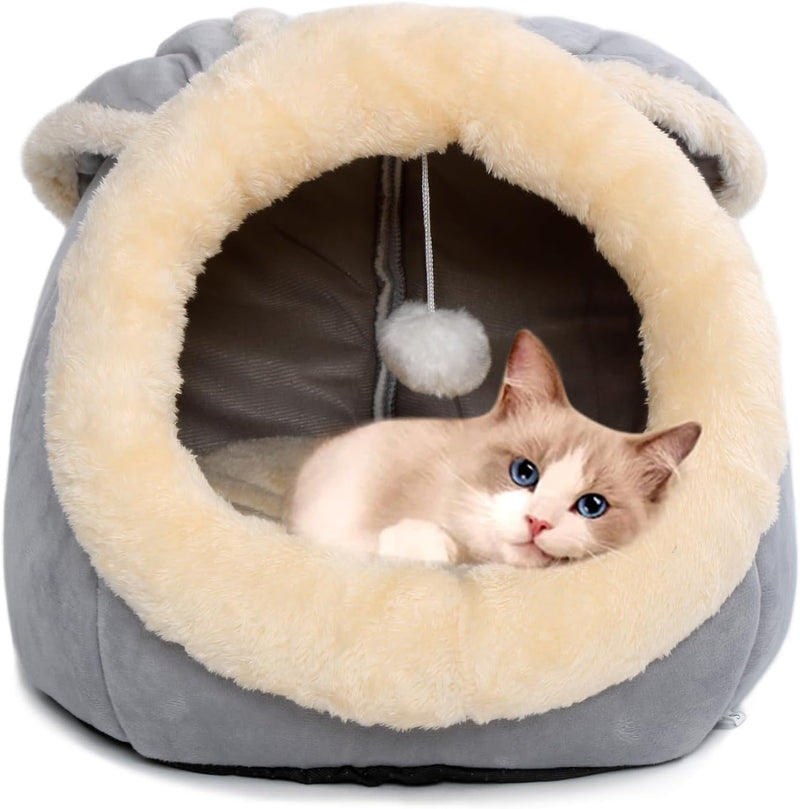 Cat Beds for Indoor Cats-Rabbit-Shaped Cat Cave Bed with Hanging Toy,Grey