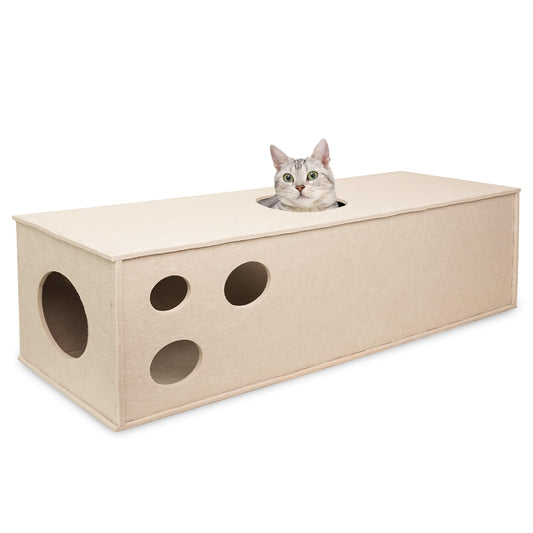 PETKARAY Cat Tunnel, Original Cat Hideaway Cave for Indoor Cats, Large Kitten Play Tubes and Tunnels, Soft Felt Cat Toy with Interactive Peek Hole, Beige Straight