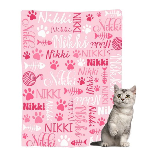 Personalized Pet Name Blanket Custom Cats Blanket,Cats Gift for Cats Lovers Mom Dad Cute Pink Cats Paw Soft Flannel Throw Blanket XS 40"X30" Pets
