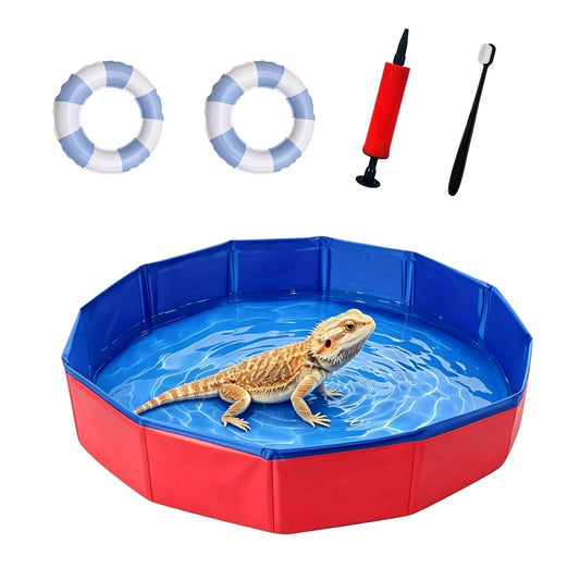 Foldable Bearded Dragon Bathtub with 2Pcs Reptile Mini Swimming Rings & Pump and 1Pcs Soft Brush, Bearded Dragon Accesso
