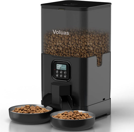 Voluas Automatic Cat Feeder for Two Cats, Double Pet Feeder with 2 Stainless Steel Bowls,6L Timed Cat Feeders with Memory Function