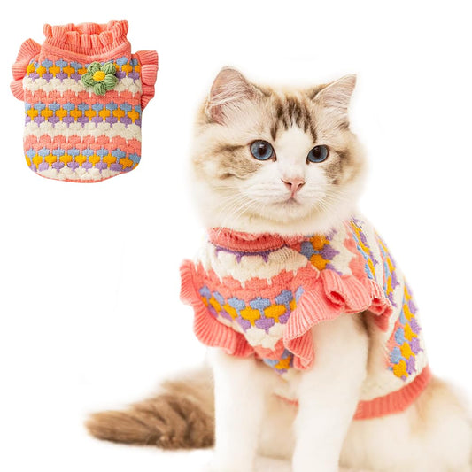 Anelekor Small Dog Sweater, Knitted Tulip Cat Sweater, Warm Thick Holiday Puppy Clothes for Dog Girl,Cold Weather Outfit for Kitten Chihuahua Yorkie Teacup Dachshund Pug (Pink, Small)