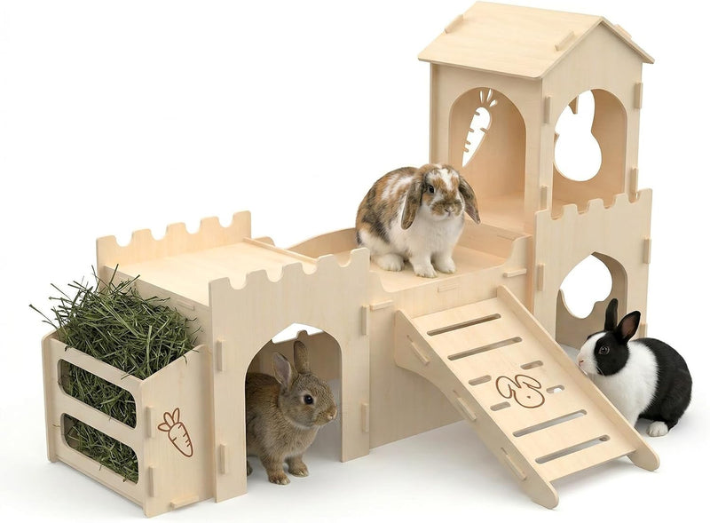 Wooden Rabbit House,Extra Large 2-Level Bunny Castle with Feeder and Ramp