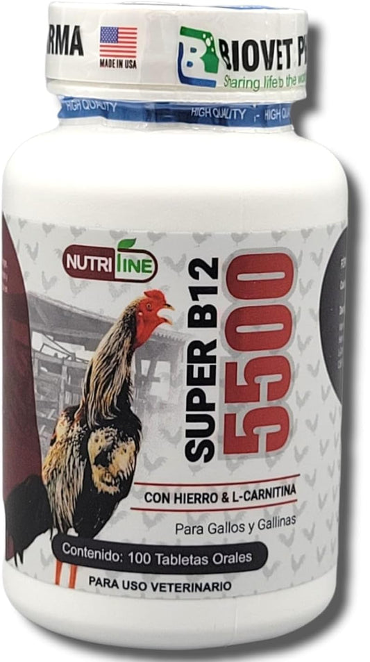 Super B12 5500 Con Hierro L -Carnitina Booster for Rooster - Supplements for Poultry Hen Chicken FARMAVET BIOVETPHARMA L