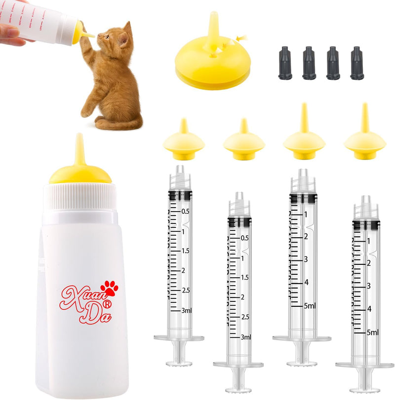 Kitten Bottle Feeding kit with Feeding Nipple and Syringe, Soft Silicone Nursing Pet Feeding Bottle, Ventilation Valve R