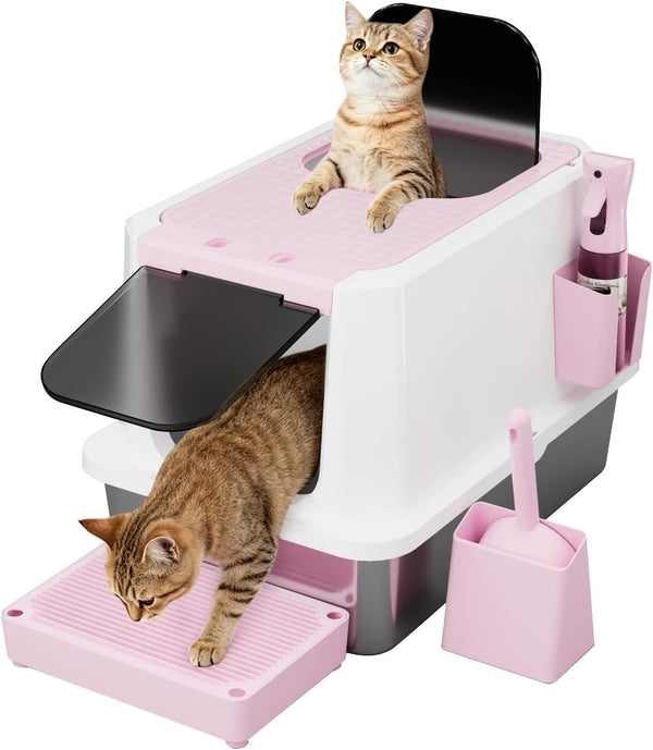 RIZZARI Large Enclosed Stainless Steel Cat Litter Box – Top & Front Entry, High-Sided Anti-Tracking Non-Stick Pan with Odor Control for Bedrooms, Living Rooms & Indoor Spaces