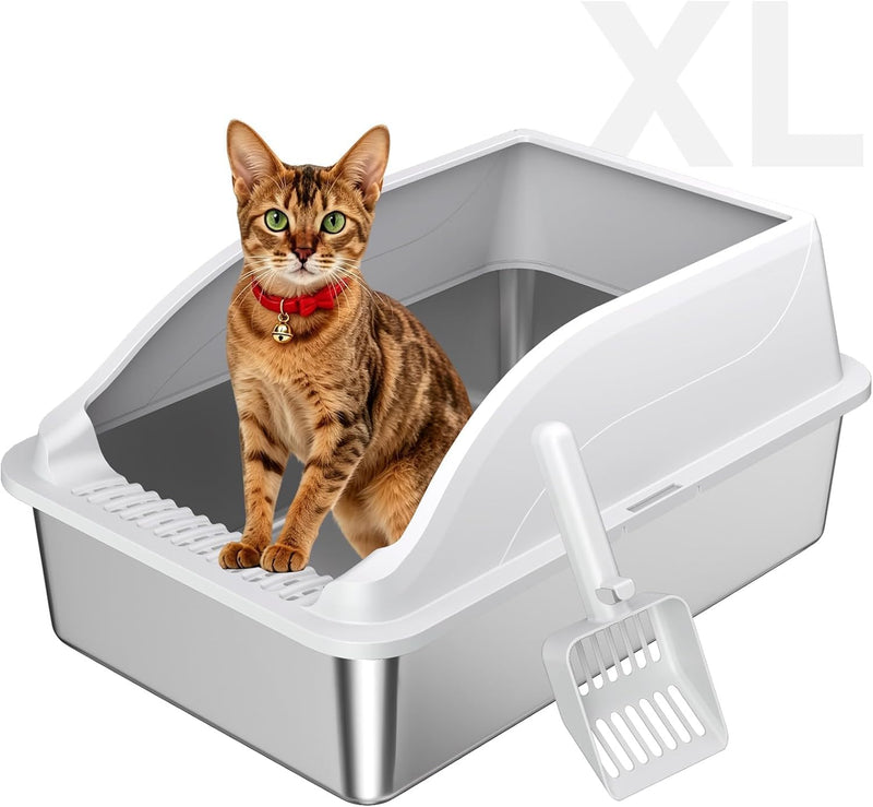 KISENG Stainless Steel Cat Litter Box, Extra Large XL Odor Free Metal Litter Box with High Sides Lid, Open Top Litter Pan Include Scoop Easy Cleaning Kitty Cat Box Anti-Urine Leakage, Non-Sticky