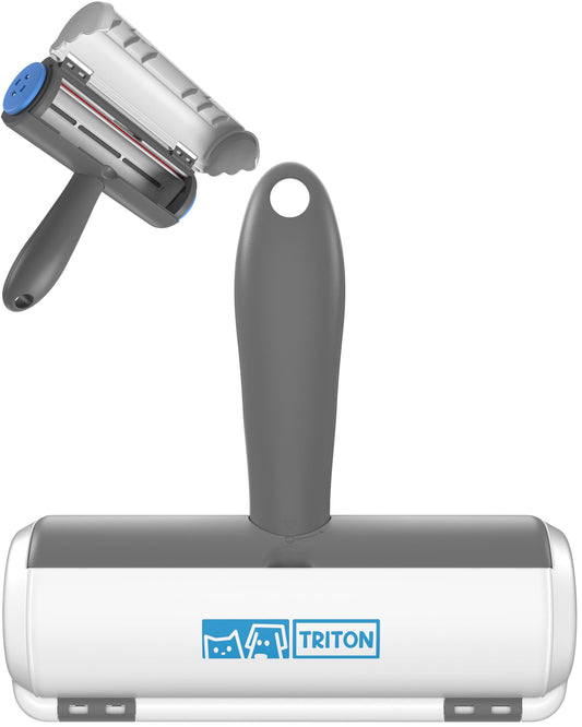 Triton Pet Hair Removal Tool w/Fur Trapping Compartment and Detachable Handle, 60% Smaller Storage Size, Reusable Shedding Roller, Cat and Dog Hair Remover for Car, Furniture, Carpet (Gray/White)