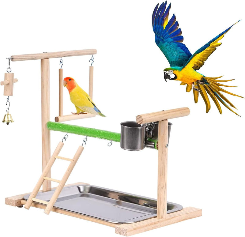 Bird Playground, Natural Wood Bird Perch Stand with Removable Tray and 2 Stainless Steel Feeder Cups, Parrot Playstand B