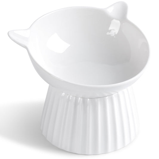 Wellbro Ceramic Raised Cat Bowl，Tilted Raised Cat Bowl Anti Vomit Cat Bowls for Indoor Cats Whisker Friendly Pet Feeder for Cats Puppies, Microwave and Dishwasher Safe