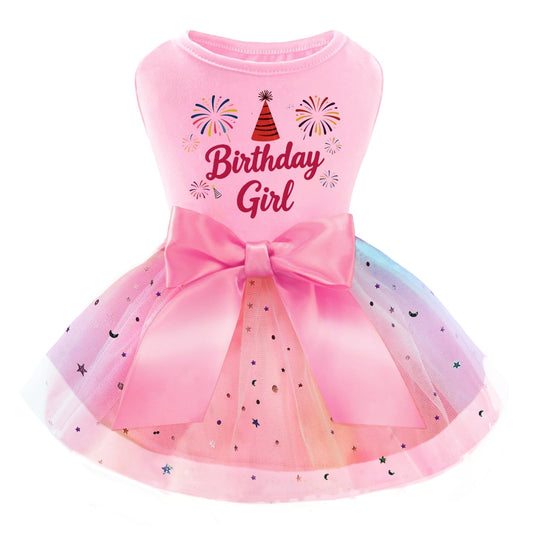 Blzedim Dog Birthday Outfit for Small Dogs Girl Sparkly Rainbow Dog Birthday Dress Tulle with Big Bowknot Puppy Clothes Pink Fireworks Little Princess Pet Dress (L)