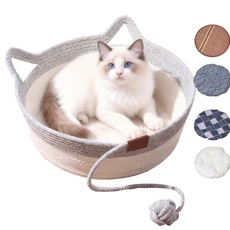Instinct Basket for Cats & Cotton pad Stimuli Cat Bed with Toy Tail Cats Ear Design Breathable All Season Universal Scratch-Resistant (Grey, L)