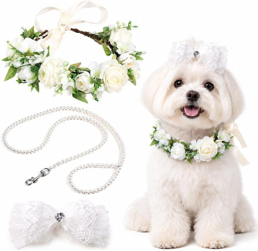 White Dog Wedding Flower Collar and Pearl Leash Set with Hair Clip