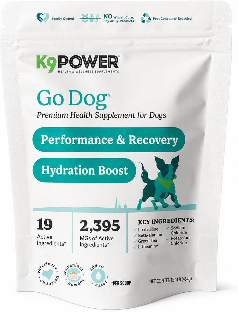 K9Power Go Dog – Hydration & Electrolyte Supplement for Dogs – Boost Stamina, Recovery, Muscle Function & Energy – Beta-Alanine, Creatine, BCAAs, Agave, Green T