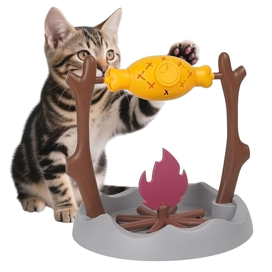 Cat Slow Feeder, Interactive Cat Puzzle Toy Treat Dispenser - BBQ Campfire Grill Design, Adjustable Rotating Roast Fish Flame Mental Stimulation Food Dispensing Toy for Indoor Cats Kittens