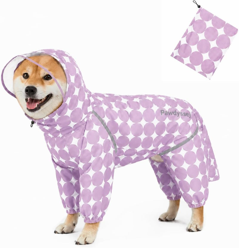 Polka Dot Dog Raincoat, Waterproof Four-Leg Rain Jacket for Dogs with Detachable Hood & Tail Cover, Seam-Sealed Dog Rain