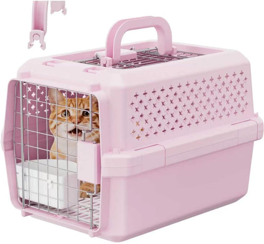 RIZZARI Small Hard Sided Pet Carrier, Ventilated Plastic Travel Crate with Metal Door and Top Handle for Small Dogs and Cats, Pink Small, Ideal for Car Travel Vet Visits and Daily Use