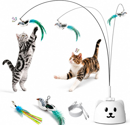 Interactive Cat Toys for Indoor Cats: Upgraded 360° Automatic Spin Flying Bird Feather Wand with Silicone Protected Rod Safe Play, Strong 8cm Suction Cup, USB-Rechargeable for Bored Kittens and Adult