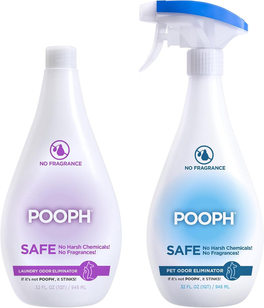 Pooph Pet Odor Eliminator & Pooph Laundry Additive - 2-32oz Bottles - Eliminates Odors at the Molecular Level, Dogs, Cats, Freshener, Eliminator, Urine, Poop, Pee, Deodorizer, Puppy, Fresh, Clean