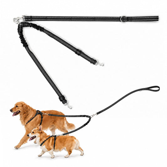 Double Dog Leash for Two Dogs 31.5" Main Leash + Adjustable Splitter, Padded Handle, D-Ring, 360° Swivel, Shock-Absorbing Bungee, Reflective Stitching, for Small Medium Large Dogs (Black)