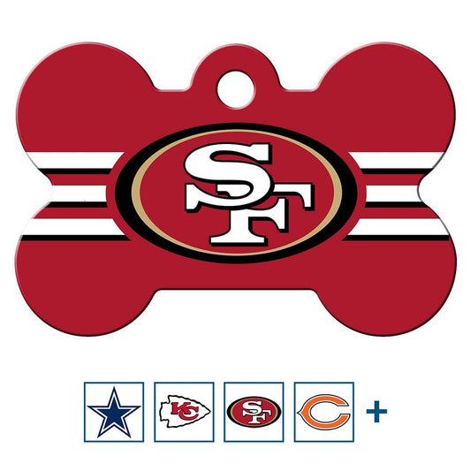 GoTags Personalized San Francisco 49ers Dog Tag, Brass Metal Bone Shape Pet ID Tag Engraved with Name and Custom Text, Every NFL Football Team Pet Apparel (Large)