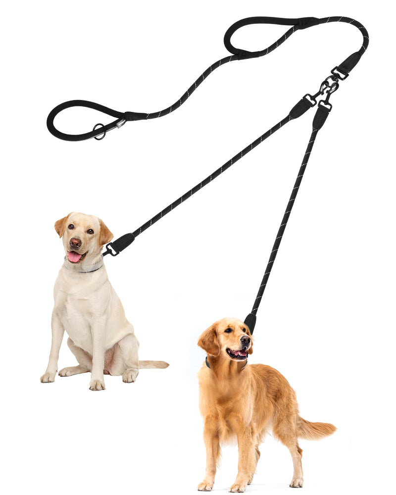 PetBonus Rope Double Dog Leash, No Tangle Dual Leash, Reflective Walking Training Lead with Two Comfortable Padded Handles, Lead Coupler for Medium Large Dogs (55-200 lbs, Black)
