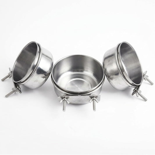 3 Pcs Stainless Steel Bird Feeding Cups with Clamp Holder - Birdcage Food Water Dish Bowls for Cockatiel Parakeet Macaw 