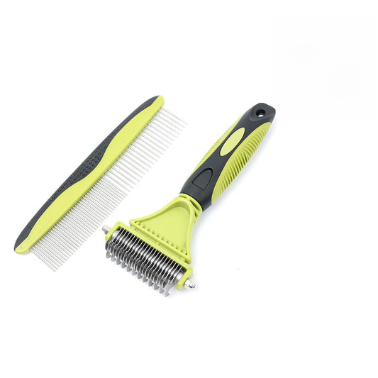 Pon Ywo Nree 2-in-1 Pet Grooming Brush & Undercoat Rake, Double Sided Dematting Comb for Dogs Cats, Shedding & Slicker Grooming Tool (Green)