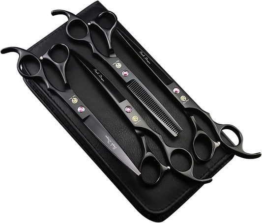 Purple Dragon Professional 7.0 inch 4PCS Pet Grooming Scissors Kit Japan Premium Steel Straight, Curved & Thinning Blade Dog Hair Cutting Shears Set with Case