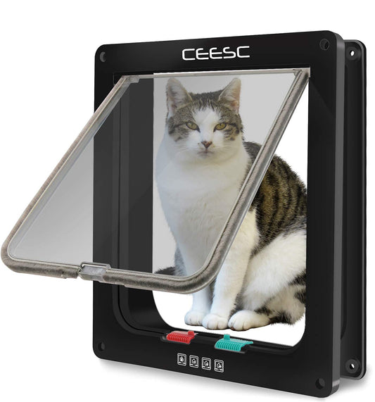 CEESC Extra Large Cat Door (Outer Size 11" x 9.8"), 4 Way Locking Large Cat Door for Interior Exterior Doors, Weatherproof Pet Door for Cats & Doggie with Circumference < 24.8" (Black)