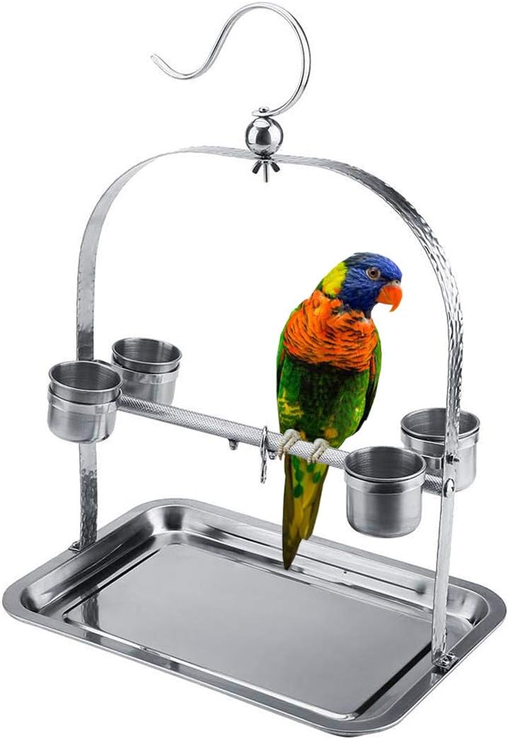 Bird Tabletop Perch Stand Stainless Steel Play Gym Playstand with Cups and Tray for Budgie Parakeet Cockatiel Conure (De