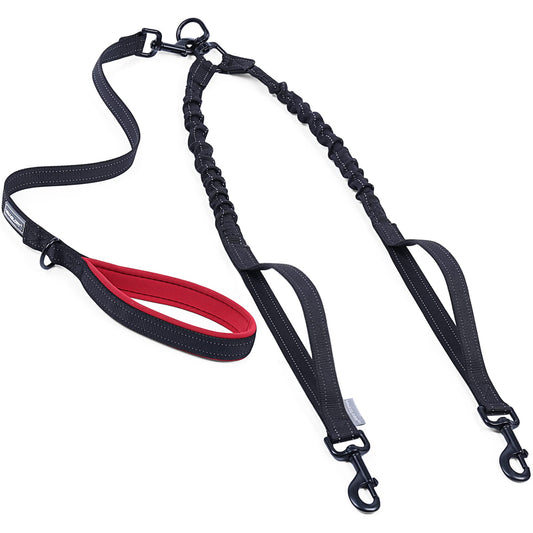 VIVAGLORY 2 Dog Leash Twinlead Two Dog Leash with Soft Padded Double Handle & Traffic Handle for Training Walking, Heavy Duty Anti Pull Bungee Flective & Tangle Freere, 4.8-5.5ft, Black