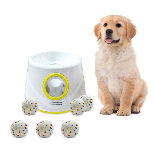 Mloowa Automatic Ball Launcher for Dogs ，The Upgraded Ball Thrower Adjustable Distance 20-45ft Including 6 PCS 2.3-inch Sized ETPU Balls, Interactive Dog Toys Suitable for Small to Medium Sized Dogs