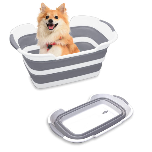 Goderewild Collapsible Pet Bathtub, 7.1 Gal (27L) - Foldable Bathing Tub with Drain Plug for Dogs & Cats Under 30 lbs - Multi-Use as Laundry Basket, Storage Organizer, Camping Sink (Grey)