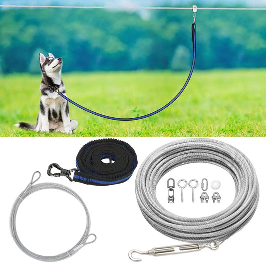 XiaZ Dog Tie Out Cable, 100ft Dog Trolley Runner Cable for Dogs up to 250lbs, Pet Lead for Yard, Camping, Outdoor, with 8 Ft Nylon Bungee Runner, Cable Sling to Protect Trees