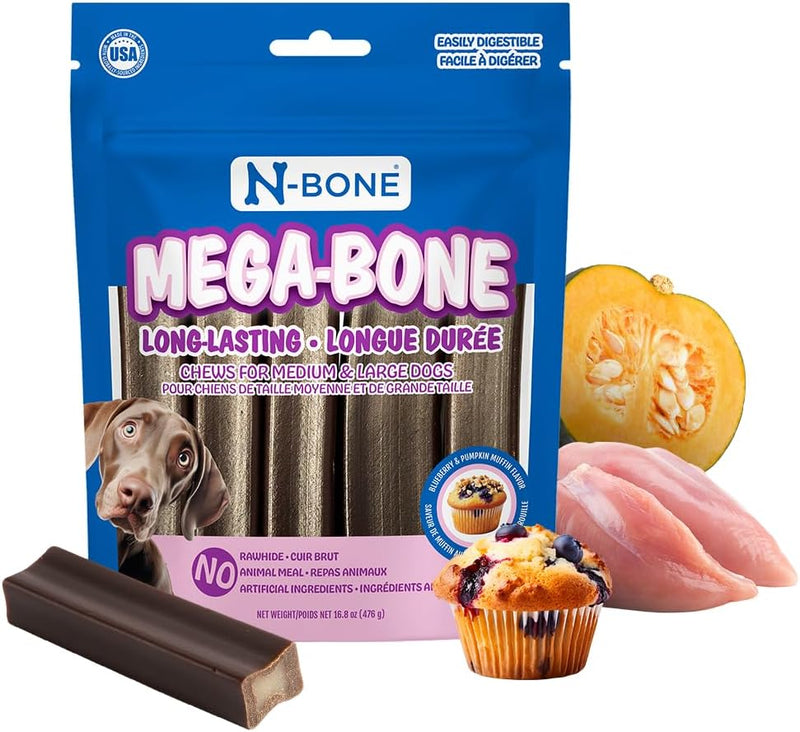 N-Bone Mega-Bone Long-Lasting Dog Chews, Blueberry Pumpkin Muffin Flavor, Natural Dog Bones for Large Dogs, 6 Chews (16.