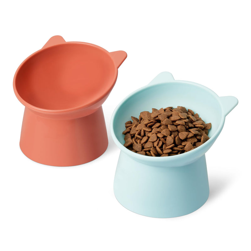 Amazon Basics Raised Cat Feeding Bowls, Cat Ear Shape, Tilted Design, Whisker-Stress Free, 5.2 x 5.2 x 4.5 in, Orange and Blue, 2-Pack