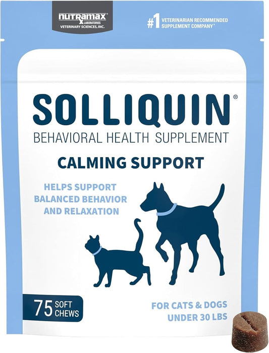 Nutramax Solliquin Calming Behavioral Health Supplement for Small to Medium Dogs and Cats - with L-Theanine, Magnolia/Ph